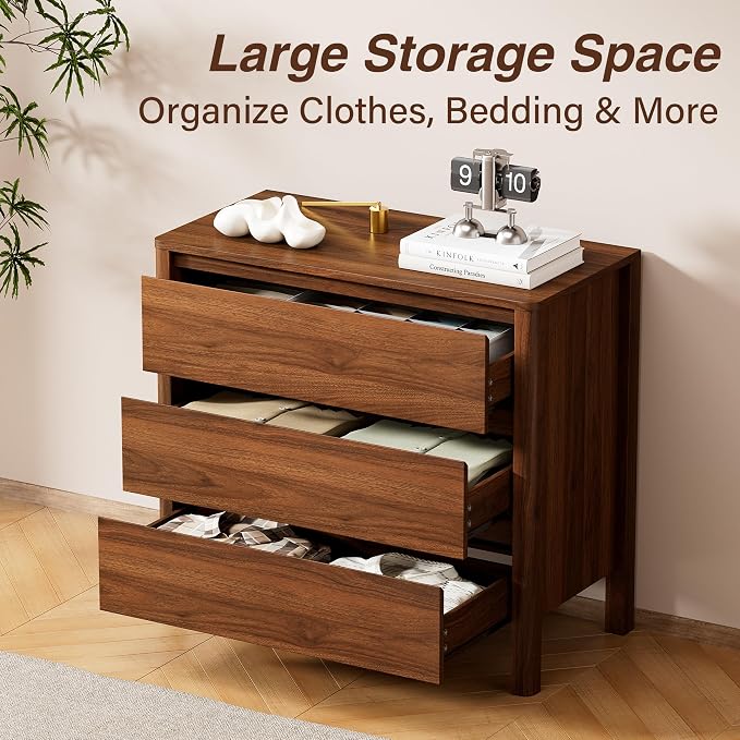Furniway 31.5" Mid-Century Modern Dresser for Bedroom, 3 Drawer Small Chest of Drawers with Wood Legs, Large Storage Bedroom Dresser, Walnut