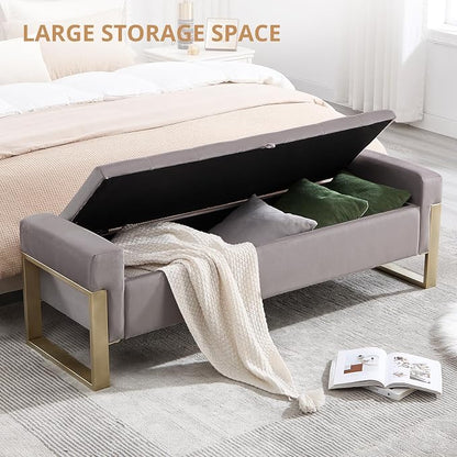 End of Bed Storage Bench, 67'' Benches for Bedroom Foot of Bed King Size, Upholstered Velvet Storage Ottoman Bench with Gold Legs for Window Living Room Entryway, Khaki Grey
