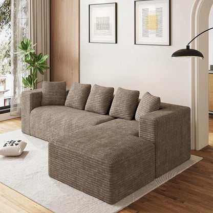 Oversized L Shaped Boneless Sectional Couches for Living Room, 107" Comfy Fluffy Cloud Modular Sectional Sofa, Plush Corduroy Memory Foam Floor Sofa with Right Facing Chaise Couch