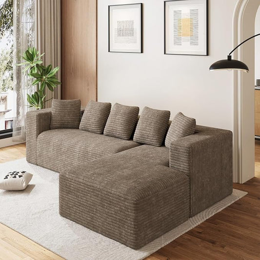 Oversized L Shaped Boneless Sectional Couches for Living Room, 107" Comfy Fluffy Cloud Modular Sectional Sofa, Plush Corduroy Memory Foam Floor Sofa with Right Facing Chaise Couch