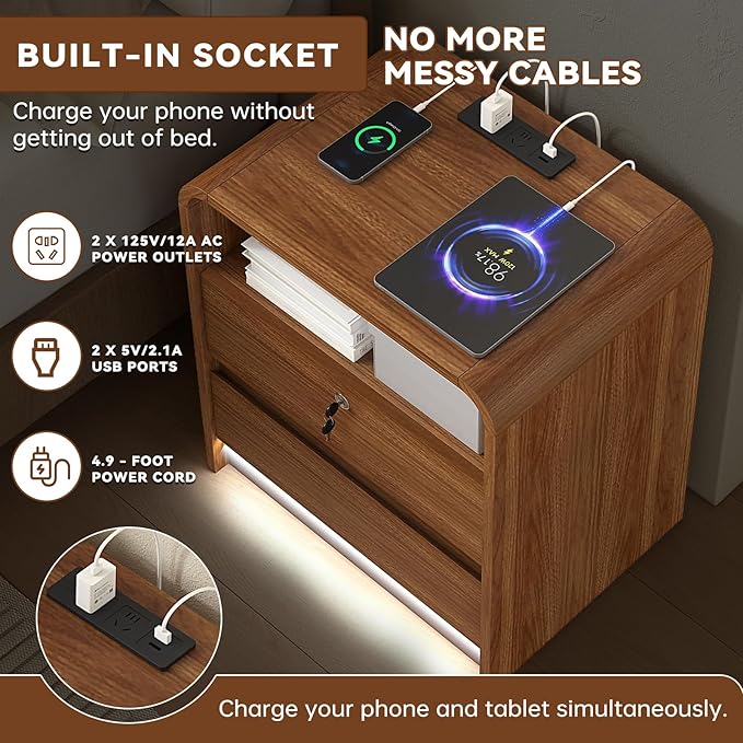 23.6" Walnut Nightstand Charging Station, Motion-Activated LED Light & Soft Close Lockable Drawer, Anti-Collision Mid Century Modern Bedside Table with 500 LB Capacity & Hidden Storage