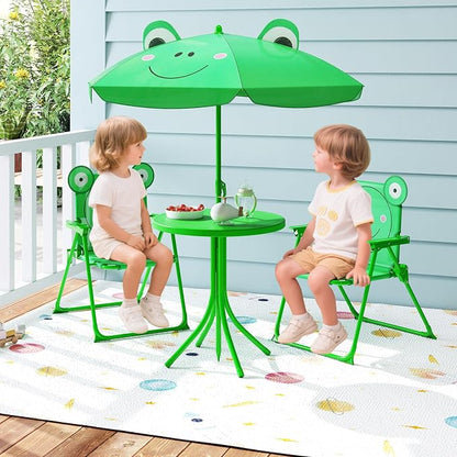 HONEY JOY Kids Picnic Table, Animal Themed Toddler Outdoor Table and Chair Set, 2 Folding Chairs & Removable Umbrella, Children Outdoor Furniture for Backyard Patio Garden (Green Frog)