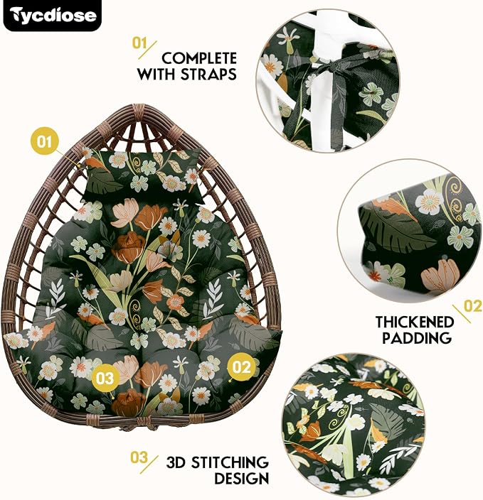Outdoor Hanging Egg Chair Cushion Replacement, Extra Large Waterproof Egg Swing Cushions with Headrest Pillow and Ties, U-Shaped Thickened Cushion for Hanging Eggs Chair (Green Floral)