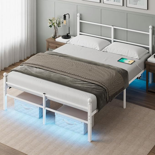 Full Size Bed Frame with Headboard - Metal Platform Bed with LED Lights, Charging Station, Under Bed Storage and Heavy Duty Steel Slats Support - No Box Spring Needed, Easy Assembly, White