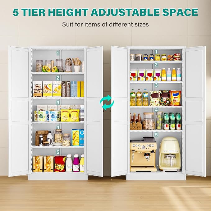SISESOL 71" Tall Pantry Cabinet with 2 Doors and 5 Shelves,Kitchen Pantry Storage Cabinets,White Metal Storage Cabinet,Wide Deep Food Cupboard for Home,Kitchen,Dining/Living Room