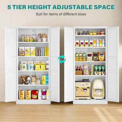 SISESOL 71" Tall Pantry Cabinet with 2 Doors and 5 Shelves,Kitchen Pantry Storage Cabinets,White Metal Storage Cabinet,Wide Deep Food Cupboard for Home,Kitchen,Dining/Living Room
