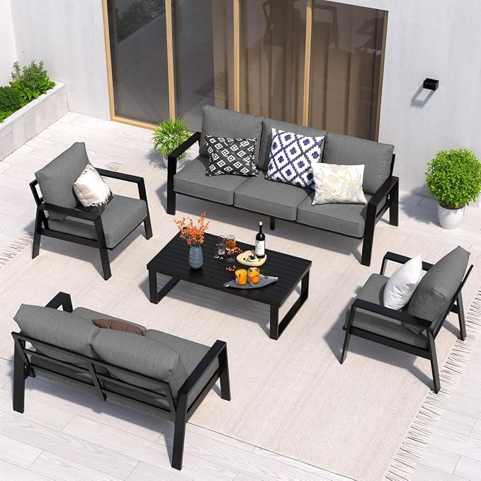 Aluminum Outdoor Patio Furniture Set, 5 Piece Sectional Coversation Sets with Coffee Table, Modern Outdoor Sofa Couch with Thick Cushions for Porch, Balcony, Garden, Dark Gray