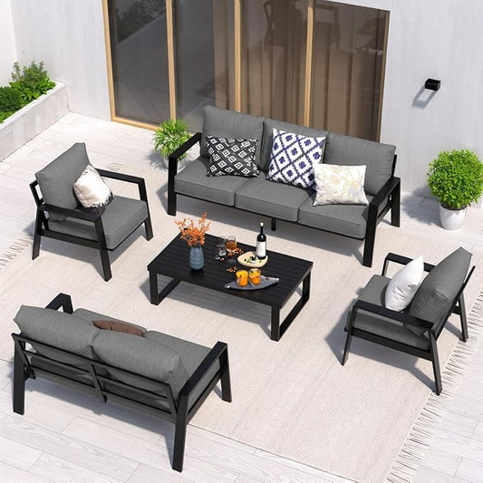 Aluminum Outdoor Patio Furniture Set, 5 Piece Sectional Coversation Sets with Coffee Table, Modern Outdoor Sofa Couch with Thick Cushions for Porch, Balcony, Garden, Dark Gray