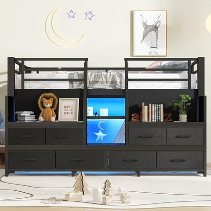 Bellemave Twin Size Low Loft Bed with 8 Fabric Storage Drawers,Metal Loft Bed Frame with Shelves and LED Lights for Boys Girls,Kids Loft Bed Twin Size,Black