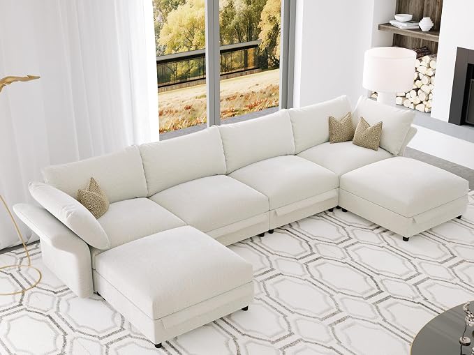 DreamDashio 159" 6-Seat L-Shaped Sectional Sofa, Oversized Modular Cloud Couch with Storage, Adjustable Arms & High Back, Beige Chenille for Living Room