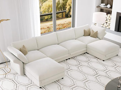 DreamDashio 159" 6-Seat L-Shaped Sectional Sofa, Oversized Modular Cloud Couch with Storage, Adjustable Arms & High Back, Beige Chenille for Living Room