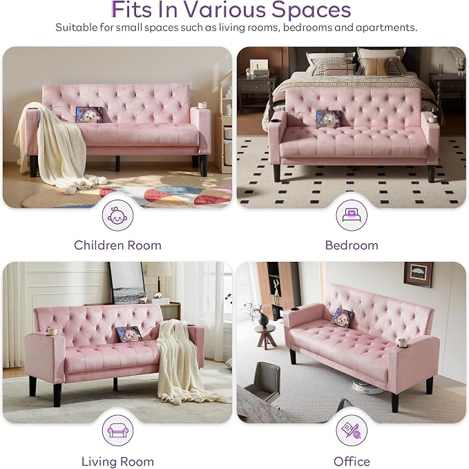 TYBOATLE Mid-Century Modern Tufted Pink Velvet Loveseat Sofa Set w/ 2 USB & 2 Cupholders, 2 Piece Living Room Furniture Sets, Small Love Seat Couches for Small Space Apartment Bedroom Office