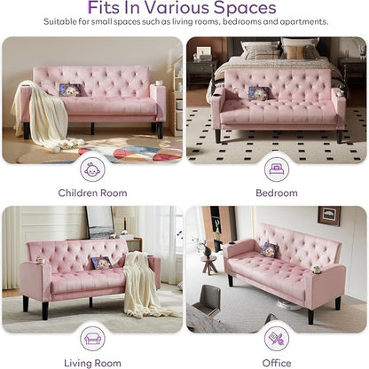 TYBOATLE Mid-Century Modern Tufted Pink Velvet Loveseat Sofa Set w/ 2 USB & 2 Cupholders, 2 Piece Living Room Furniture Sets, Small Love Seat Couches for Small Space Apartment Bedroom Office