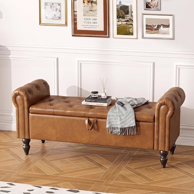 Furniliving 55” End of Bed Bench, Bedroom Bench with Button-Tufted, Large Upholstered Storage Ottoman Entryway Bench with Storage Shoe Cabinet Bench, for Bedroom, PU, YellowBrown