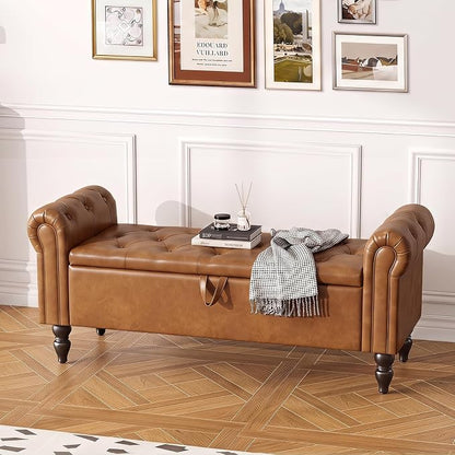 Furniliving 55” End of Bed Bench, Bedroom Bench with Button-Tufted, Large Upholstered Storage Ottoman Entryway Bench with Storage Shoe Cabinet Bench, for Bedroom, PU, YellowBrown