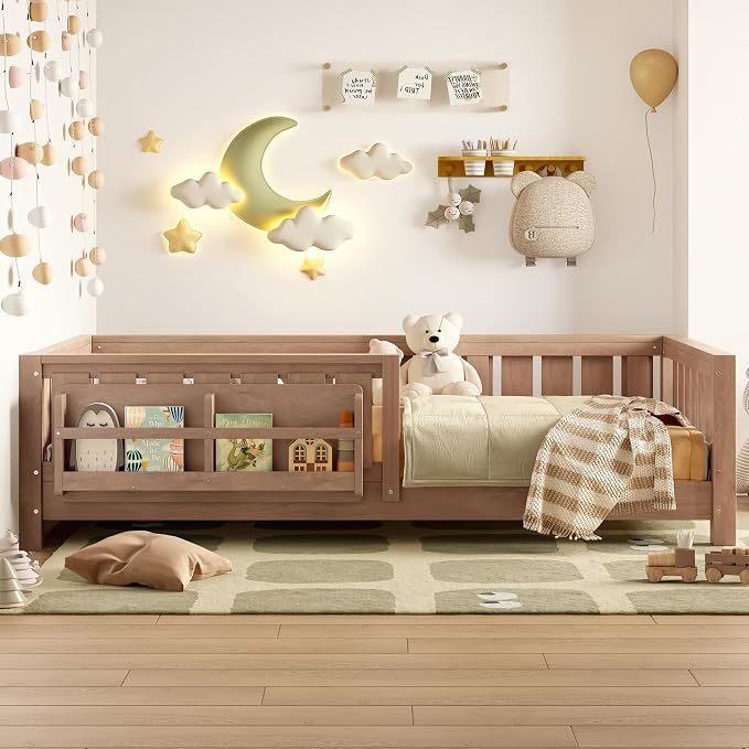 Bellemave Twin Floor Bed with Rails and Slats, Twin Size Montessori Floor Bed with Bookshelf and Fence, Easy Assemble Montessori Beds Frame for Girls, Boys, Natural