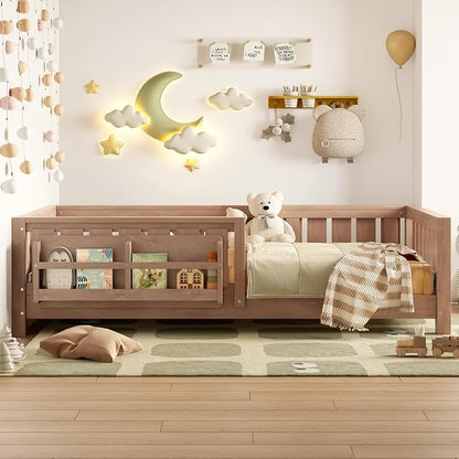 Bellemave Twin Floor Bed with Rails and Slats, Twin Size Montessori Floor Bed with Bookshelf and Fence, Easy Assemble Montessori Beds Frame for Girls, Boys, Natural