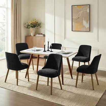 Upholstered Dining Chairs Set of 6, Fabric Dining Room Chairs with Curved Backrest, Solid Wood Legs, Modern Kitchen Chairs for Dining Room Living Room, Black