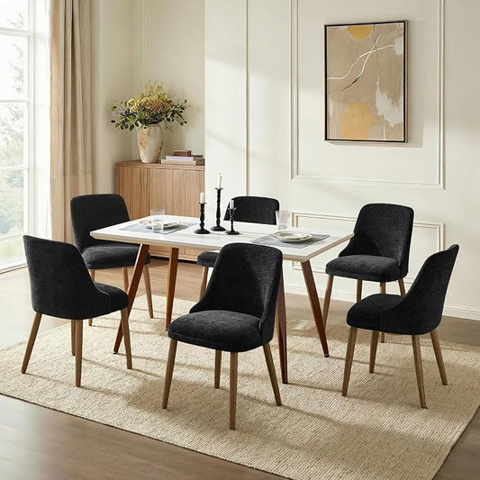Upholstered Dining Chairs Set of 6, Fabric Dining Room Chairs with Curved Backrest, Solid Wood Legs, Modern Kitchen Chairs for Dining Room Living Room, Black
