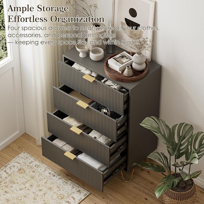 Masupu 4 Drawer Dresser, Drawer Chest, Tall Storage Dresser Chest Cabinet Organizer Unit with Gold Metal Legs, Nightstand for Bedroom, Living Room, Closet, Hallway Gray Stripe