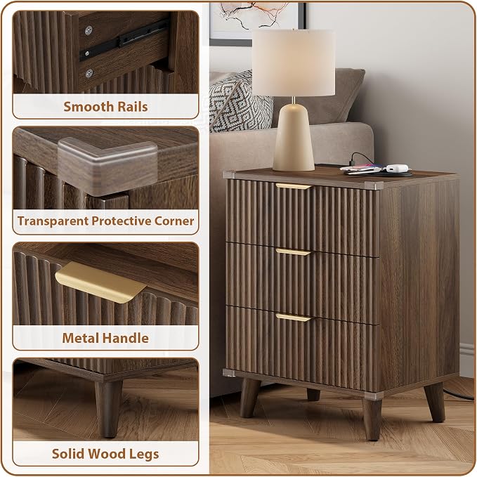 Lulive Wood 3 Drawers Dresser Fluted Night Stand with Charging Station, Storage Nightstand Modern Side Table, Bedside Table for Bedroom, Entryway