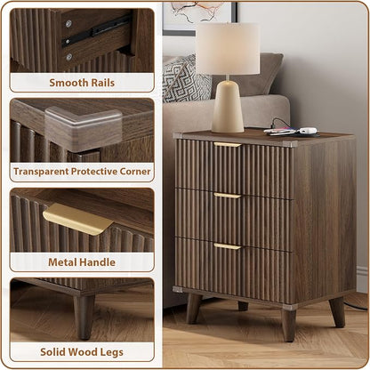 Lulive Wood 3 Drawers Dresser Fluted Night Stand with Charging Station, Storage Nightstand Modern Side Table, Bedside Table for Bedroom, Entryway