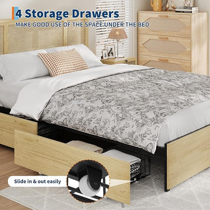 IDEALHOUSE Queen Bed Frame with Natural Rattan Headboard, Slats, Bohemian-Style Cane Mattress Support, Strong Metal Base with Resilient Wooden, No Box Spring Needed