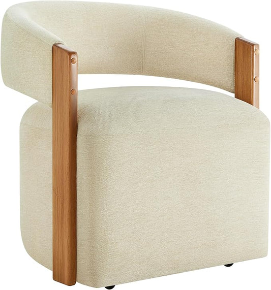 KISLOT Upholstered Dining Chairs Set of 1, Modern Rolling Dining Chairs with Hidden Casters, Wooden Arm Kitchen Chairs with Linen Look Fabric, Padded Barrel Chairs for Dining Room, Kitchen, Sand