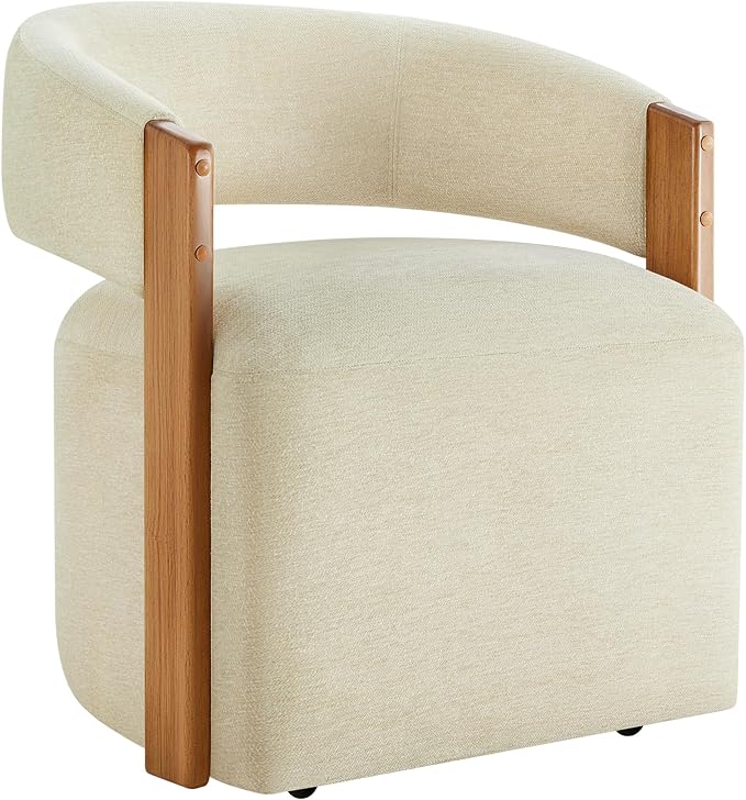KISLOT Upholstered Dining Chair Set of 1, Barrel Modern Dining Room Chair with Casters, Kitchen Side Wooden Armchair with Fabric Cushion Seat for Bedroom, Livingroom, Reading Room, Sand, 1 Box