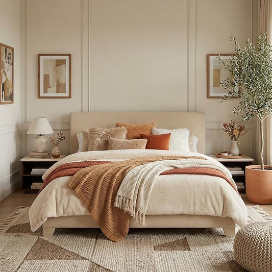 SHA CERLIN Linen Upholstered Full Size Bed Frame with Headboard, Beige | Adjustable Low-Profile Platform Bed, Minimalist Design, Stable Mattress Foundation, Strong Back-Support, No Box Spring Needed