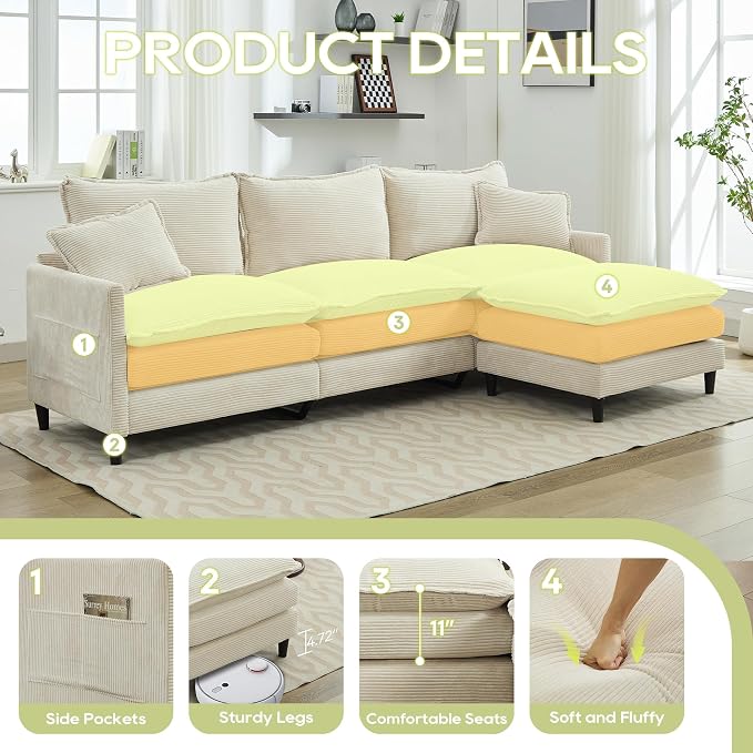 113" Chenille Modular Sectional Sofa, Convertible L Shaped Modular Sofa Comfy Cloud Couch with Ottoman, Side Pockets and 5 Throw Pillows for Living Room (Corduroy White, 113'' - 4 Seat)