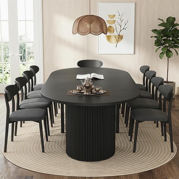 weselon 42"-120" Extendable Dining Table for 4-14, Expandable Oval Dining Room Table with Fluted Pedestal Base & Reinforced Metal Support Leg, Extra Large Modern Kitchen Table (Black)