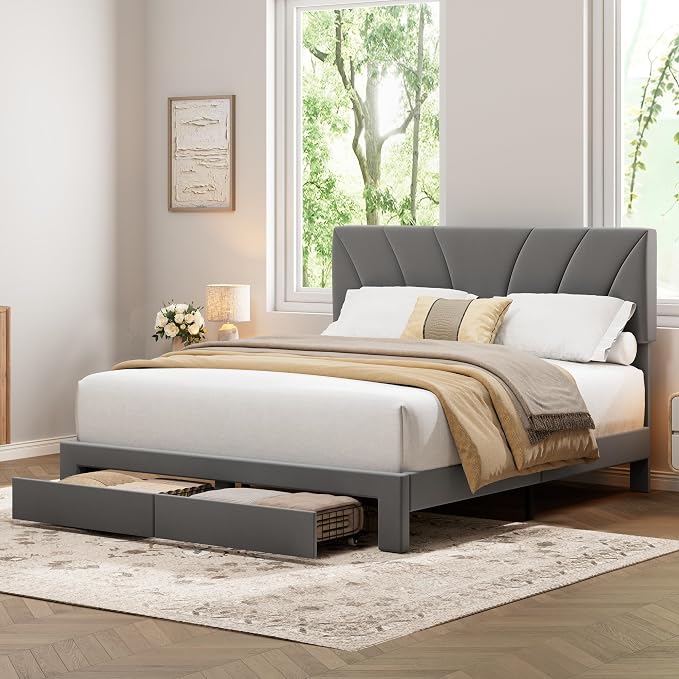 Garvee Queen Size Bed Frame with 2 Storage Drawers & Adjustable Headboard, Velvet Upholstered Platform Queen Bed Frame, Wooden Slats Support, No Box Spring Needed, Easy Assembly, Grey