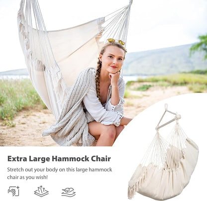 SUNCREAT Hammock Chair Hanging Rope Swing Seat-Max 450lbs Capacity, Extra Large Macrame Hanging Swing with Side Pocket, Two Seat Cushion, Beige