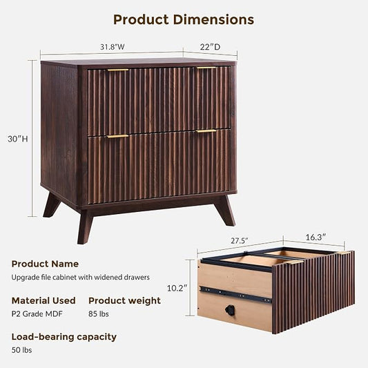 T4TREAM 2 Drawer File Cabinet, 32" Fluted Lateral File Cabinet w/Files Hanging Rod for Letter/Legal/A4, Large Tabletop for Printer, Office Wood Printer Cabinets, Dark Walnut (Gen 2)