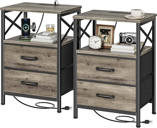 Huuger Nightstands Set of 2, Night Stand with Charger Station, 2 Drawer Side Table with Open Shelf, USB-C Port, End Table for Small Spaces, X Shaped Side Rail, Oak