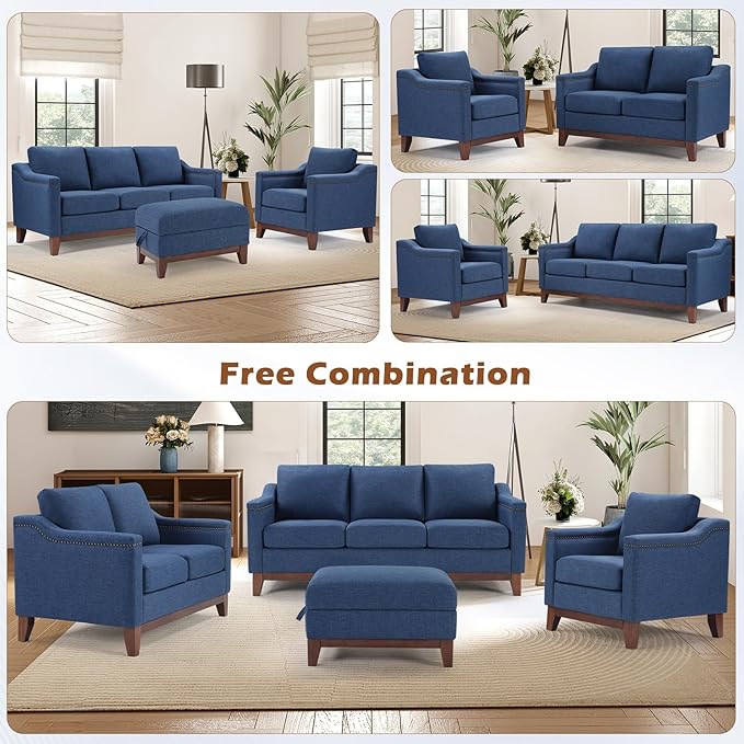 HAOMARKETS 4 Piece Fabric Sofa Set with Nailhead Trim, Included Upholstered Accent Chair with Thicked Cushion, 3 Seater Couch Set of 2 and Storage Ottoman with Flip-Top Table for Living Room, Blue
