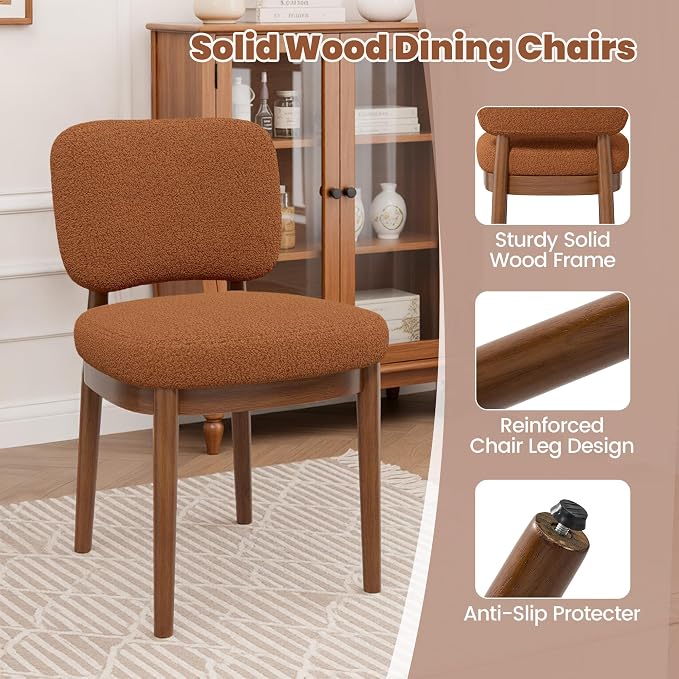 Wooden Dining Chairs Set of 6, Boucle Upholstered Kitchen Chairs with Solid Wood Legs, Mid Century Modern Dining Chairs, Farmhouse Side Chair with Hardwood Frame for Dining Room, Brown