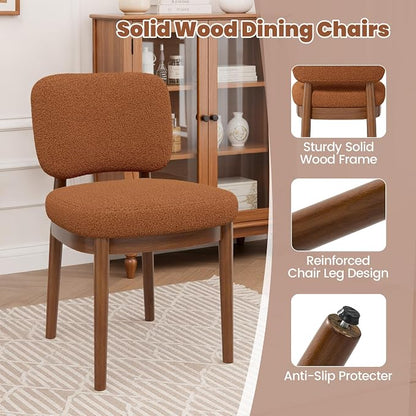 Wooden Dining Chairs Set of 2, Boucle Upholstered Kitchen Chairs with Solid Wood Legs, Mid Century Modern Dining Chairs, Farmhouse Side Chair with Hardwood Frame for Dining Room, Brown