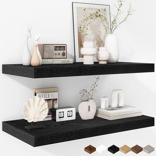 Fun Memories Floating Shelves - 2 Pack 12 Inch Rustic Wooden Wall Shelves - Extra Deeper & Thicker Wall Mounted Storage Shelf for Living Room, Kitchen, Farmhouse - 24" W x 12" D x 1.5"H - Rustic Black