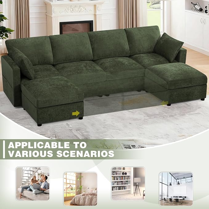 110” Chenille 4-Seats Sofa W/Two Movable Ottomans, Green | Modern Fabric U-Shaped Couch w/Soft Backrests, Upholstered Sectional Sofa w/Arm Pillows for Living Room, Office