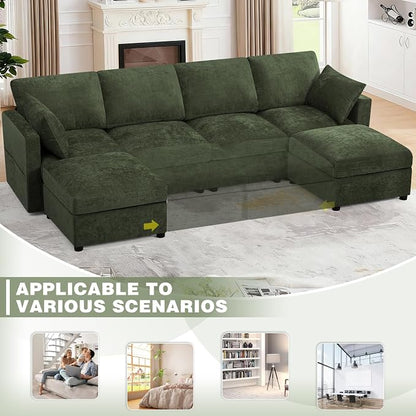 110” Chenille 4-Seats Sofa W/Two Movable Ottomans, Green | Modern Fabric U-Shaped Couch w/Soft Backrests, Upholstered Sectional Sofa w/Arm Pillows for Living Room, Office
