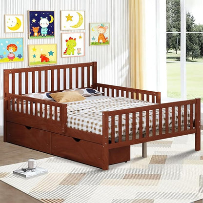 Bellemave Kids Full Bed Frame with Fences and 2 Drawers, Full Size Wooden Platform Bed with Guardrails on Both Sides for Boys Girls, Walnut
