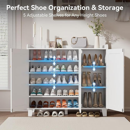 Shoe Storage Cabinet with 3 Doors and Adjustable Shelves，40 Inch Tall Farmhouse Flat-Shelf Wooden Shoe Cabinet，Shoe Rack Shoe Organizer Cabinet for Hallway Entryway Living Room （White）