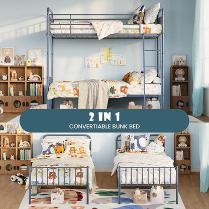 SHA CERLIN Convertible Twin Over Twin Bunk Bed, CPC Certified,Gray | Victorian Iron-Art Headboard and Footboard,Space-Saving Metal Bunk Bed with Guardrail & Ladder,No Box Spring Needed