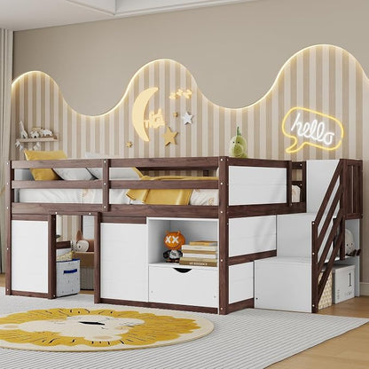Bellemave Full Size Low loft Bed for Kids,Wood Loft Beds,Modern Farmhouse Full loft Bed,Loft Bed with Desk and Storage, No Box Spring Needed,for Kids, White + Walnut