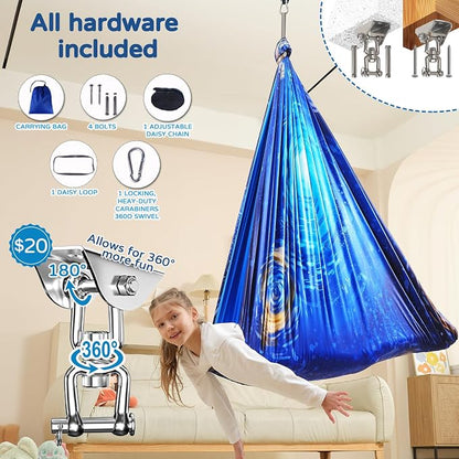 Sensory Swing for Kids Indoor & Outdoor Double Layer Therapy Cuddle Hammock Chair with 360 Swivel Hanger Kit Adjustable Swing for Child and Adult with Aspergers Autism ADHD (Ocean Blue)