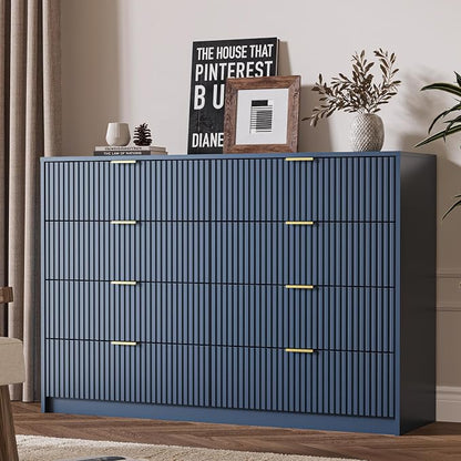 MAISONARIA 3-Piece Dresser Bedroom Set, 8 Drawer Dresser & 3 Drawer Nightstands with Gold Handles, Fluted Wood Chest of Drawers for Bedroom, Living Room, Entryway, Navy Blue