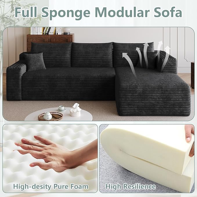 95" Modular Sectional Sofa, Modern Corduroy Cloud Couch with Side Pockets, Boneless Couch Upholstered 3-Seater L-Shaped Sofa for Living Room, No Assembly Required (Black,Right-Facing Chaise)