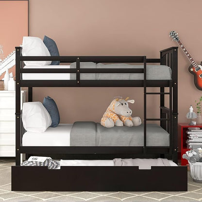 Merax Full-Over-Full Bunk Bed with Twin Trundle, Solid Wood Bunk Bed Frame with Guardrail and Removable Ladder, Can be Separated into 2 Beds, Espresso
